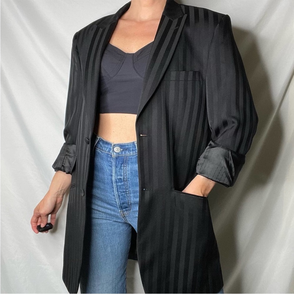 Vintage striped black tuxedo blazer oversized longline single breasted L